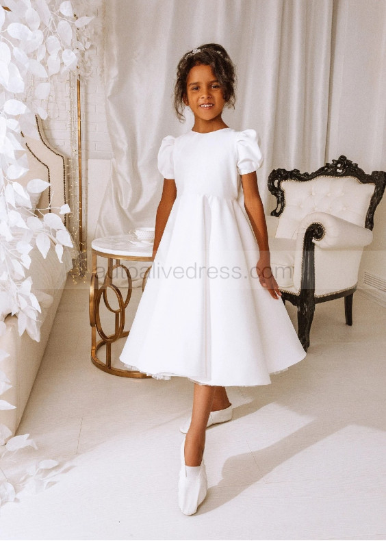 Short Puff Sleeves White Satin Tulle Flower Girl Dress